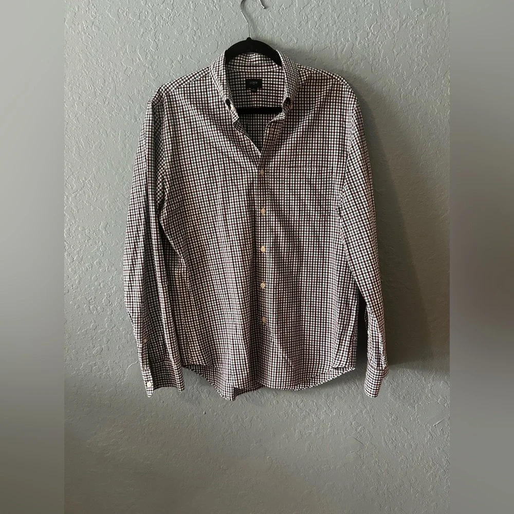 Men's J Crew button down burgundy blue Checkered Shirt preppy work 100% cotton